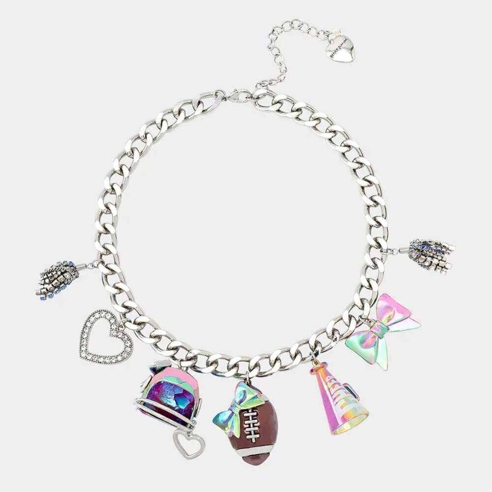 NWT$148 BETSEY JOHNSON Football Charms Cheer Necklace Glass Crystal Silver Tone